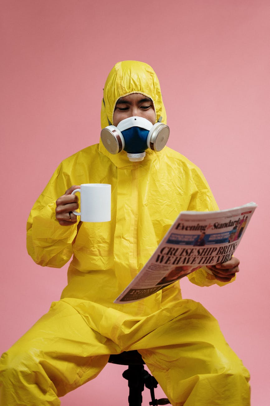 person in yellow protective suit reading the newspaper