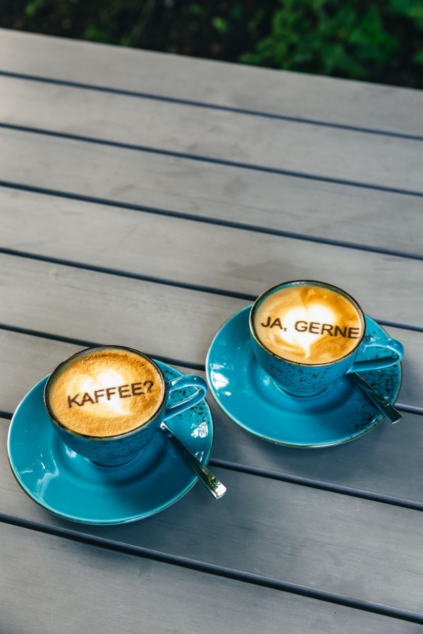 coffee on blue ceramic cups