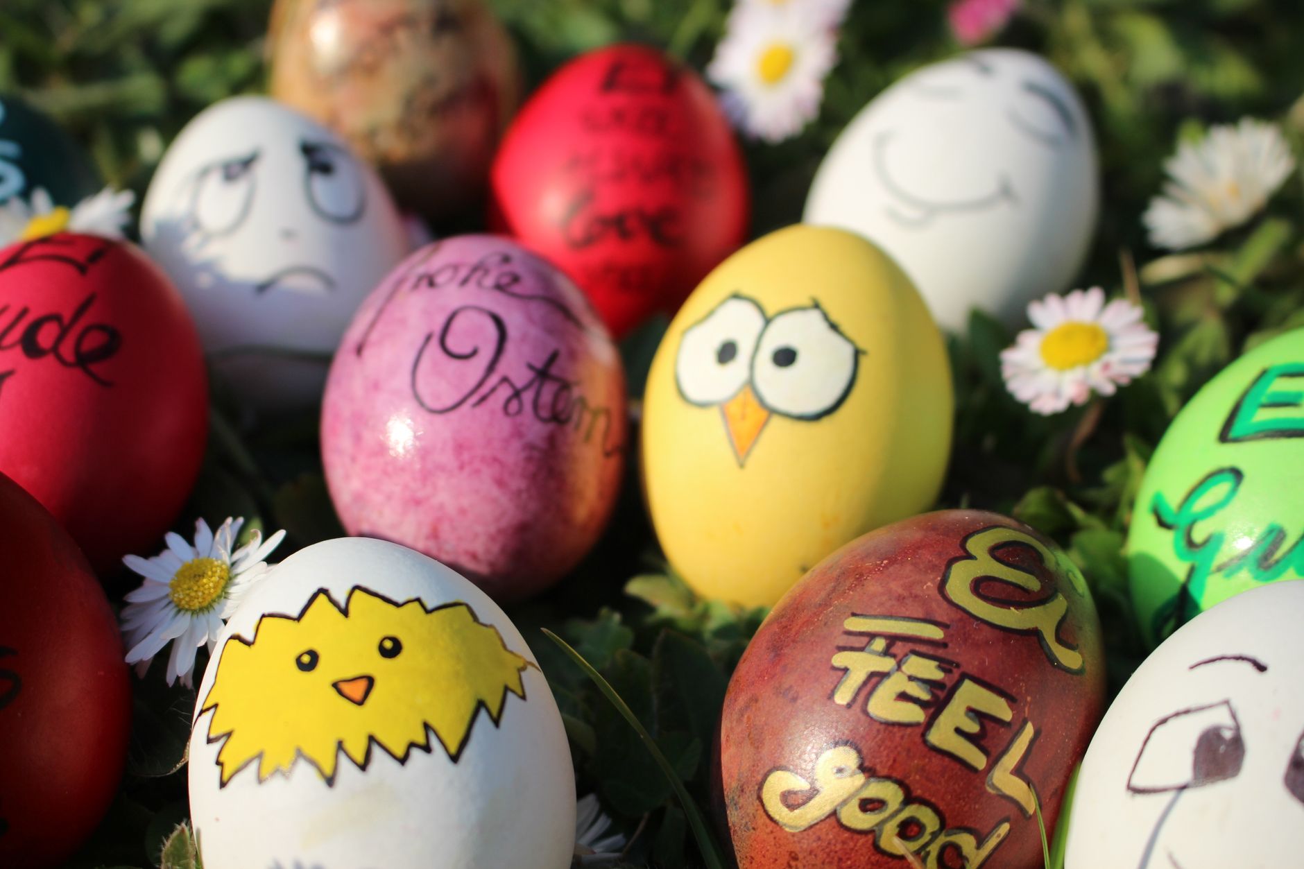 vibrant painted easter eggs in grass