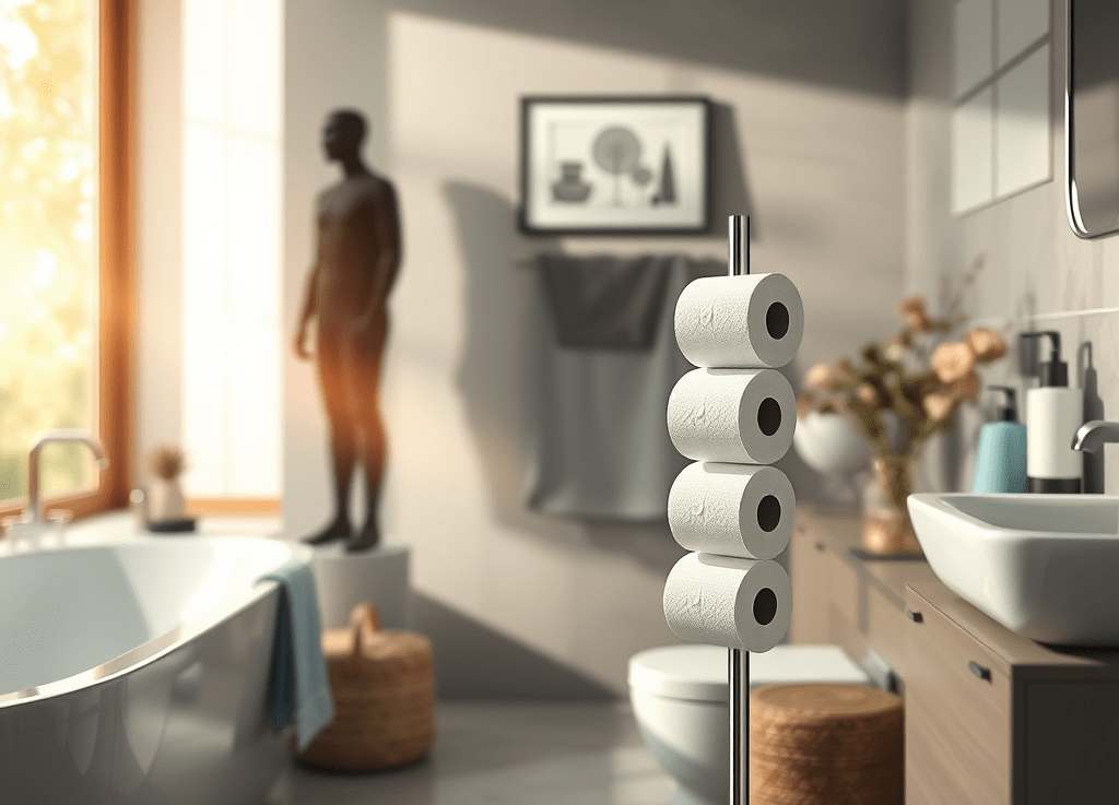 stehend – stojící  (stehende Toilettenpapierhalter für viele Rollen. – stojící držák toaletního papíru pro mnoho&nbsp;rolí.)