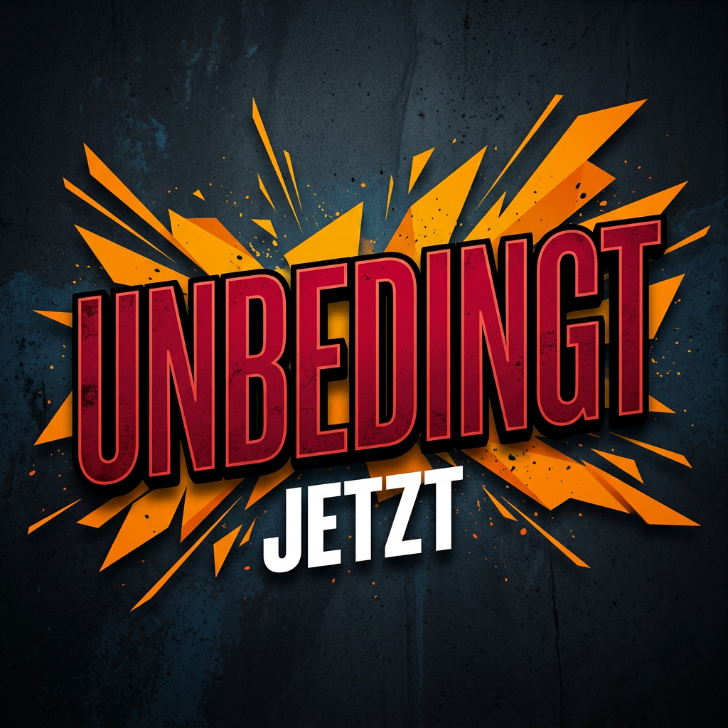 The words 'Unbedingt Jetzt' in bold letters with angular orange shapes radiating behind on a dark textured background.