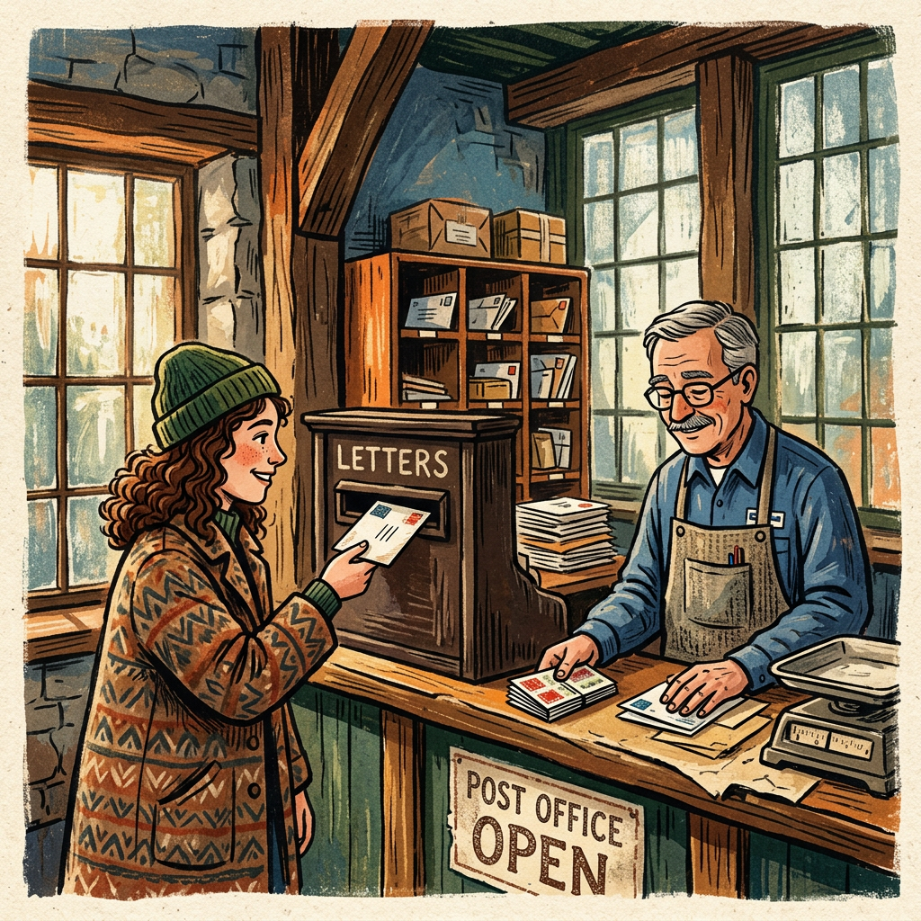 Young woman mailing a letter to a smiling postmaster in a cozy post office