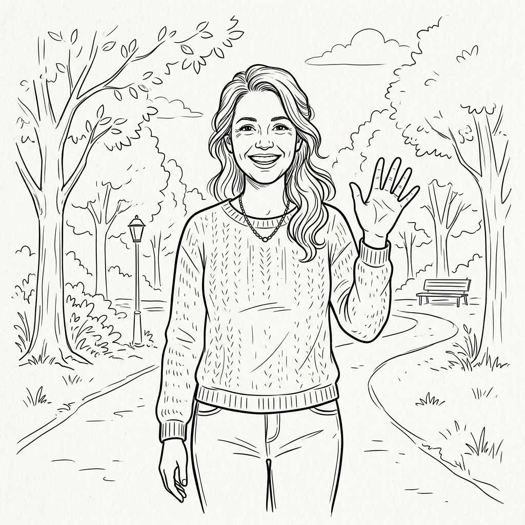 Smiling woman waving with one hand on a winding park path surrounded by trees and a bench.