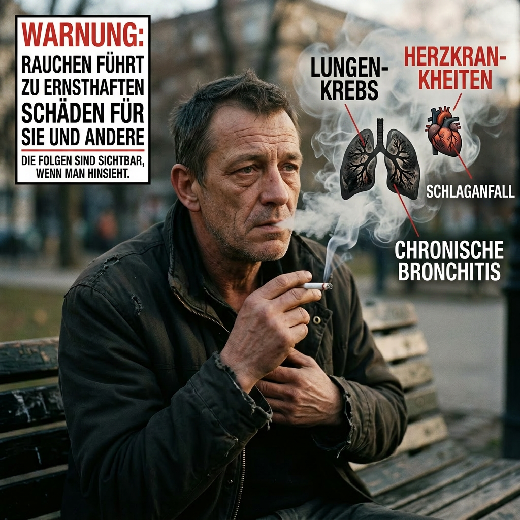 Man smoking cigarette with warning about lung cancer, heart disease, stroke, and chronic bronchitis