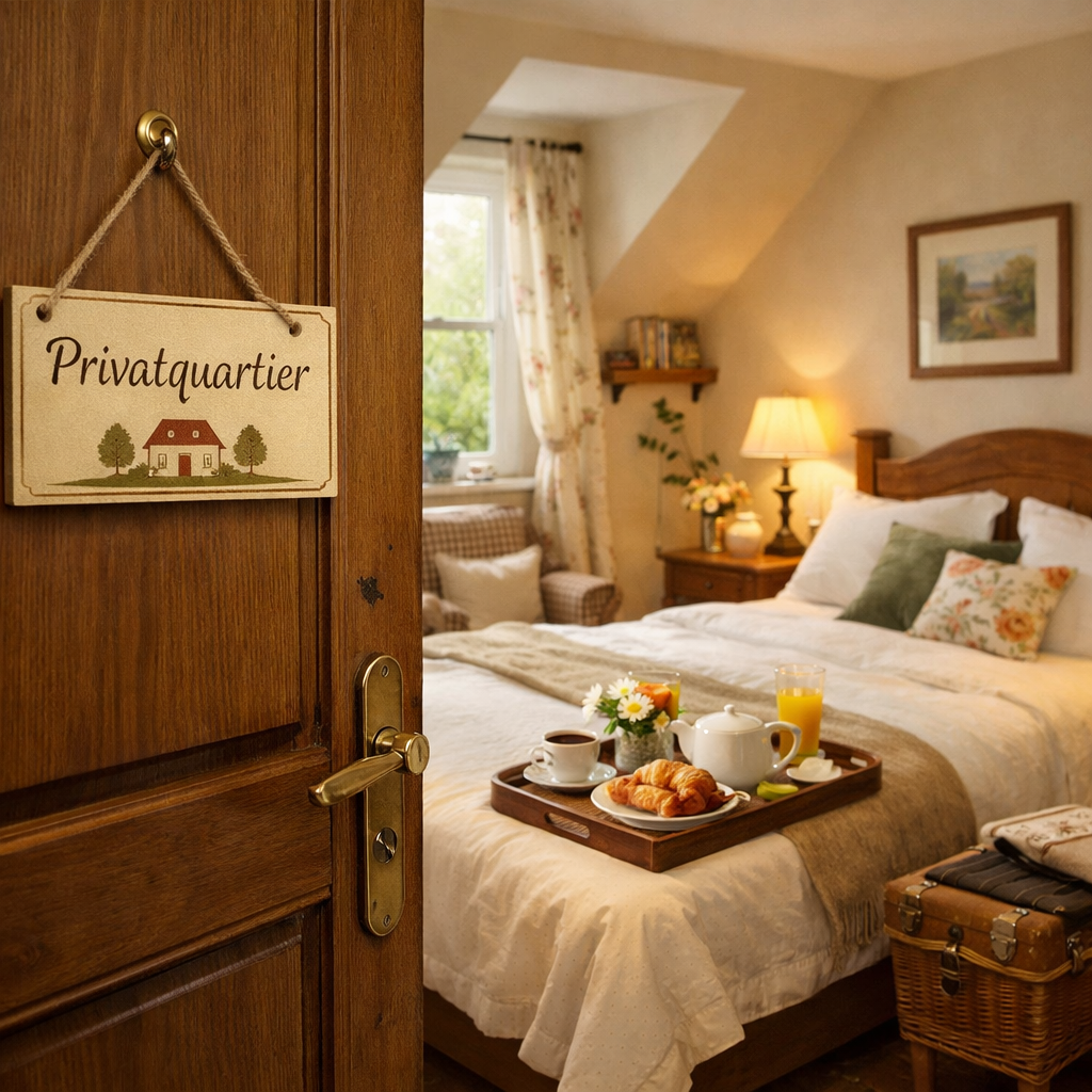 Bedroom with breakfast tray on bed and sign saying Privatquartier on door