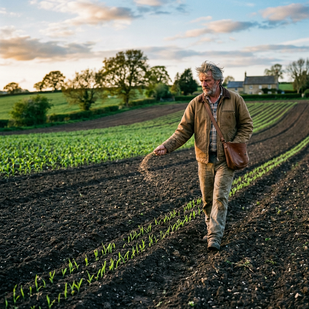 Man sowing seeds by hand on a field with rows of young plants during sunset