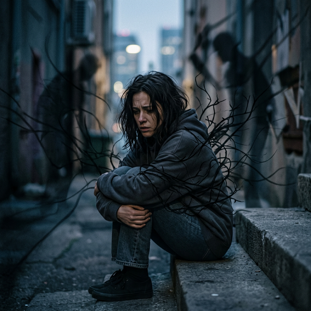 Young woman sitting on steps in alley with dark shadowy tendrils around her looking upset
