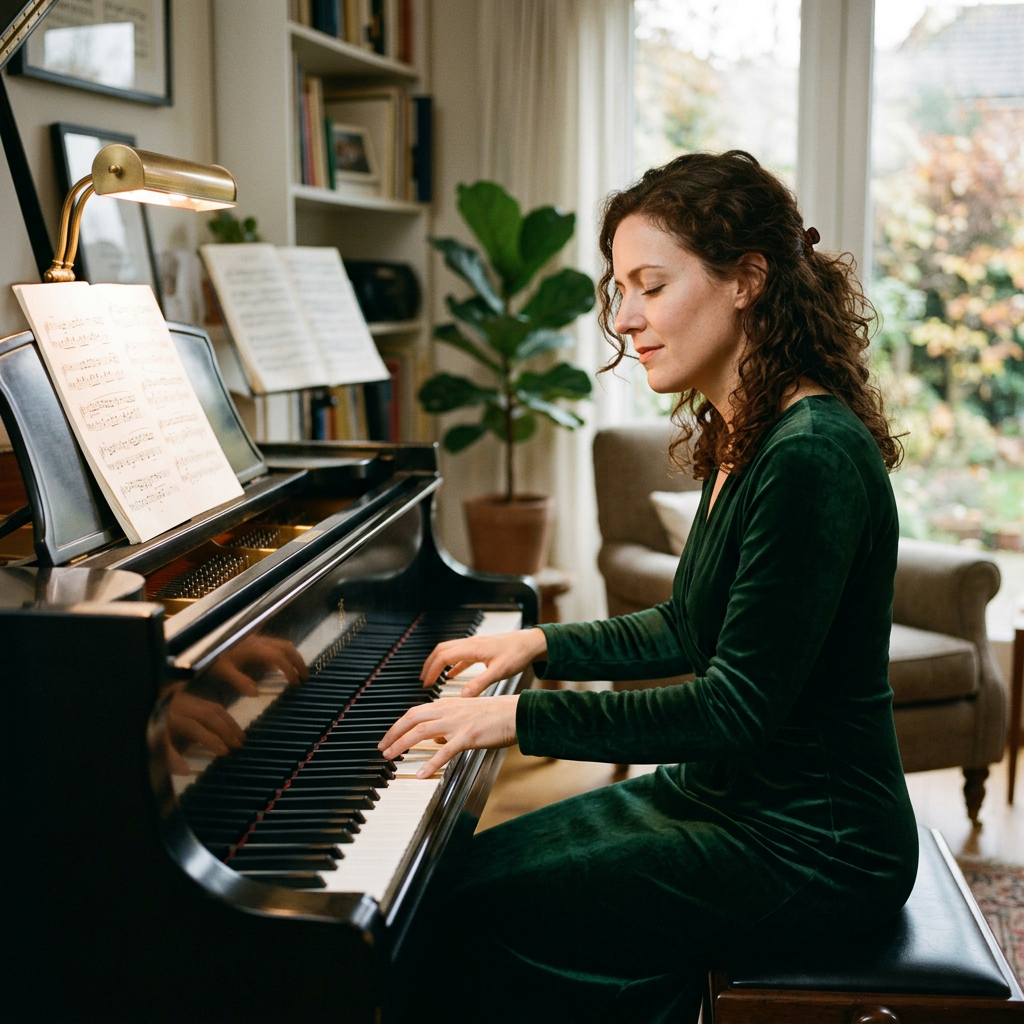 Woman seated at piano playing music with sheet music in front of her
