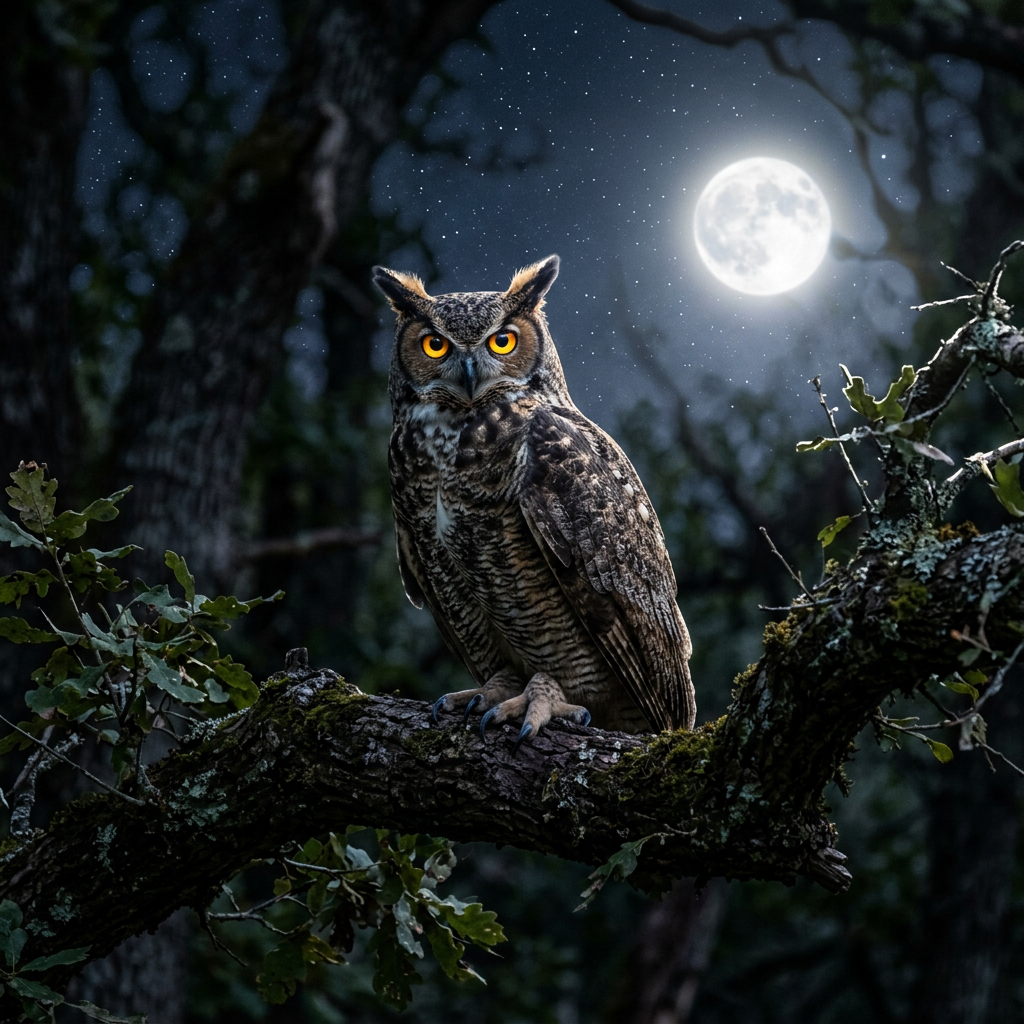 Great horned owl perched on a tree branch at night with full moon and stars in the background