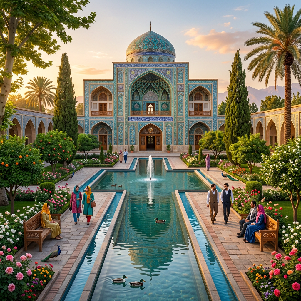 Persian garden with pool, fountain, mosque, and visitors
