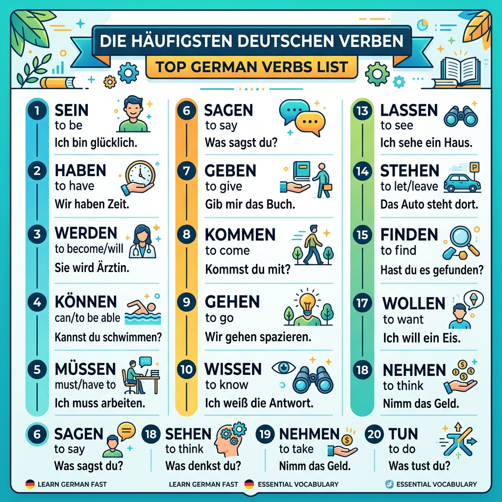 Top 20 German verbs with English translations and example sentences