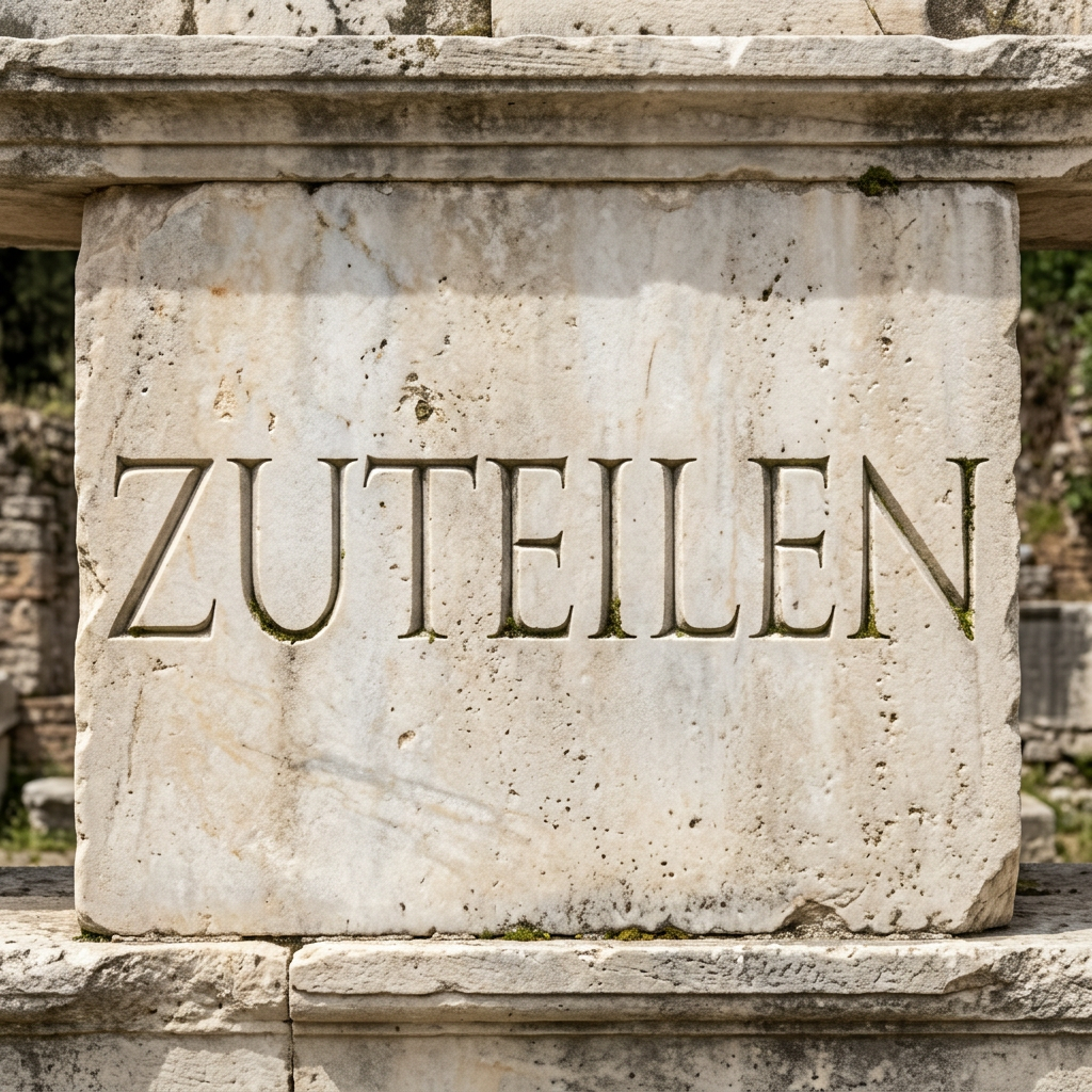 Stone block with the word 'ZUTEILEN' carved into it