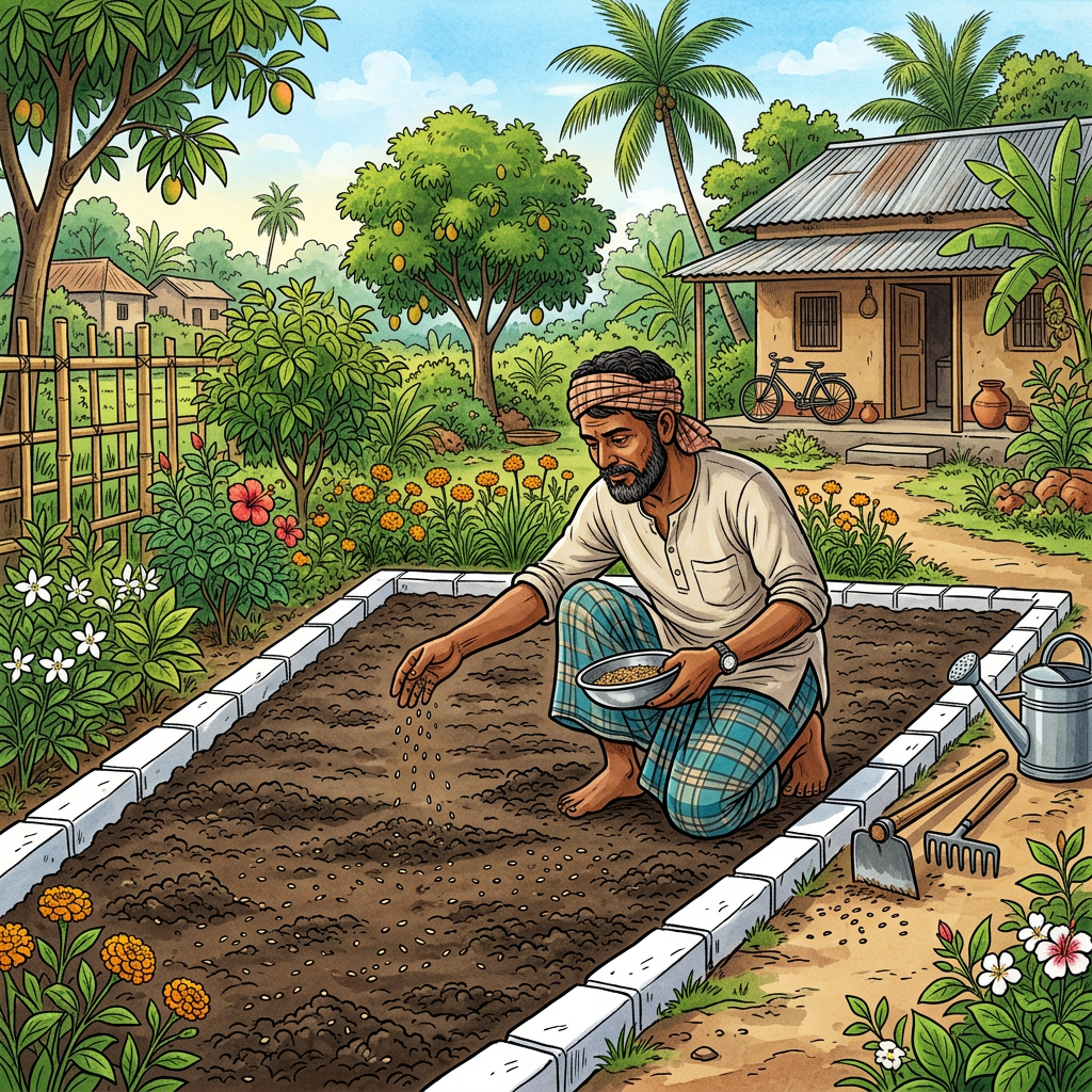 Man in traditional attire sowing seeds in a garden bed surrounded by flowering plants and trees