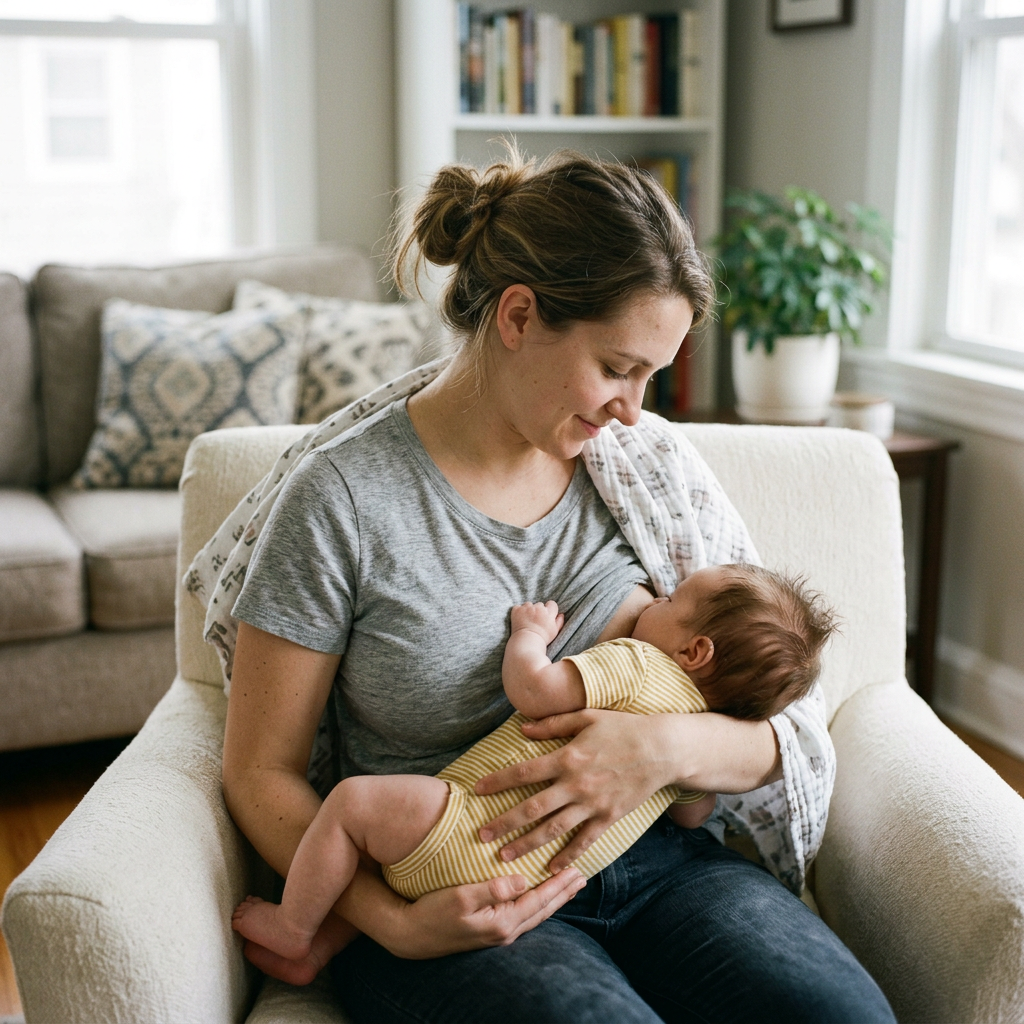 Mother breastfeeding infant wrapped in a blanket in a living room