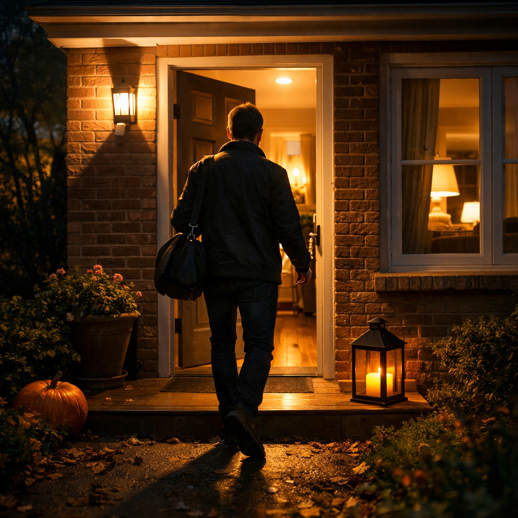 Man walking into a warmly lit home at night carrying a bag