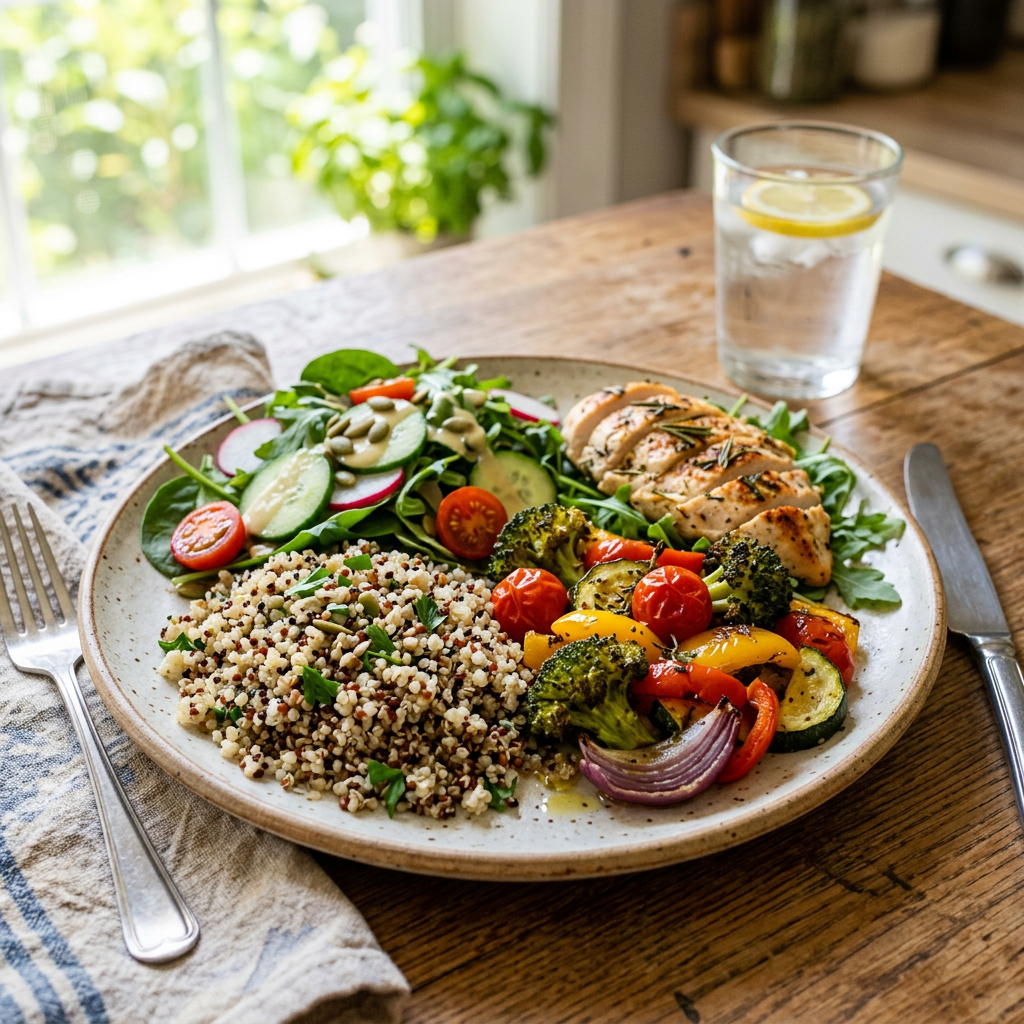 Plate with grilled chicken breast, quinoa salad, mixed greens with cucumber and cherry tomatoes, and roasted vegetables including broccoli and bell peppers