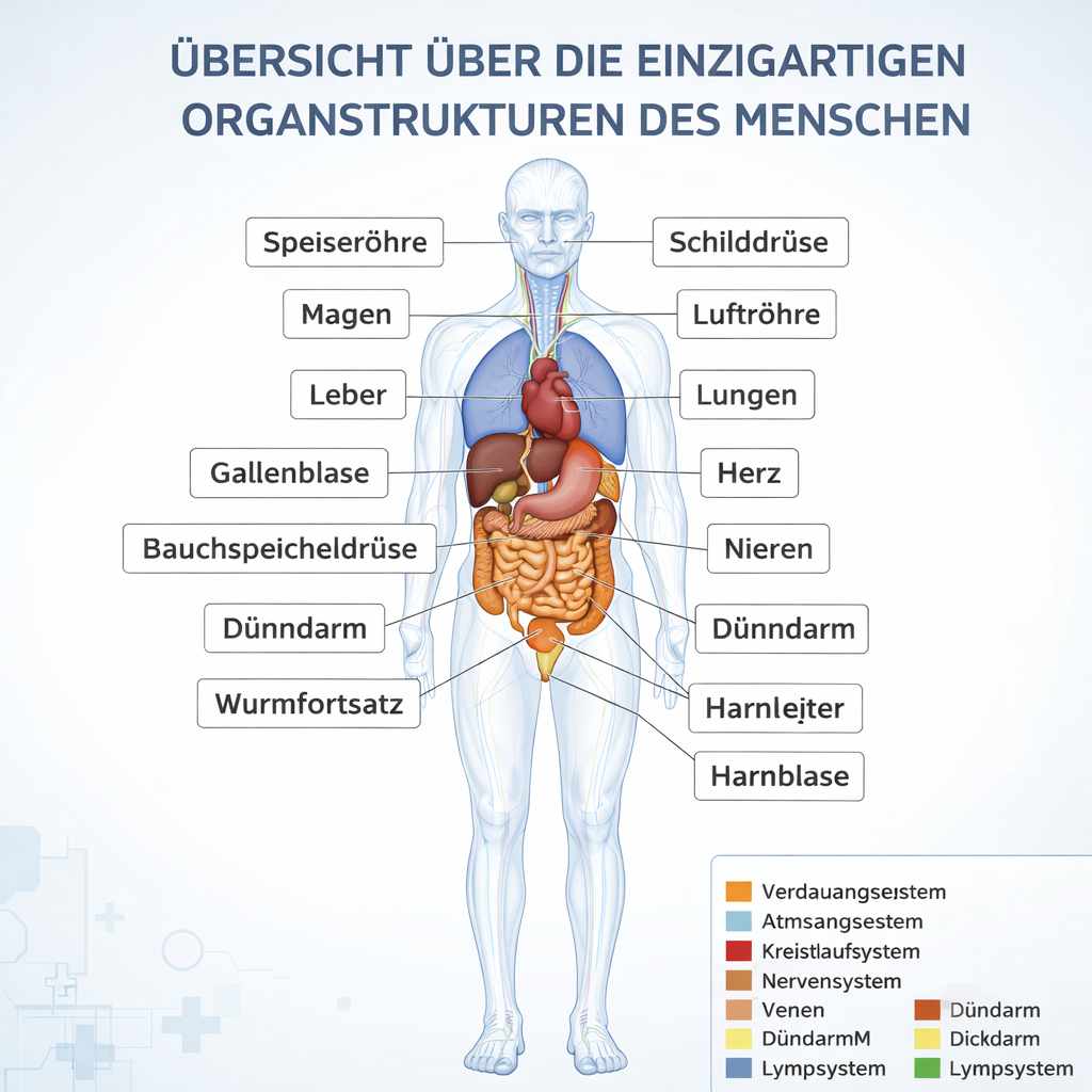 Diagram of human body with labeled esophagus, thyroid gland, trachea, lungs, heart, spleen, kidney, ureters, urinary bladder, lymphatic system, appendix, small intestine, pancreas, gallbladder, liver, stomach