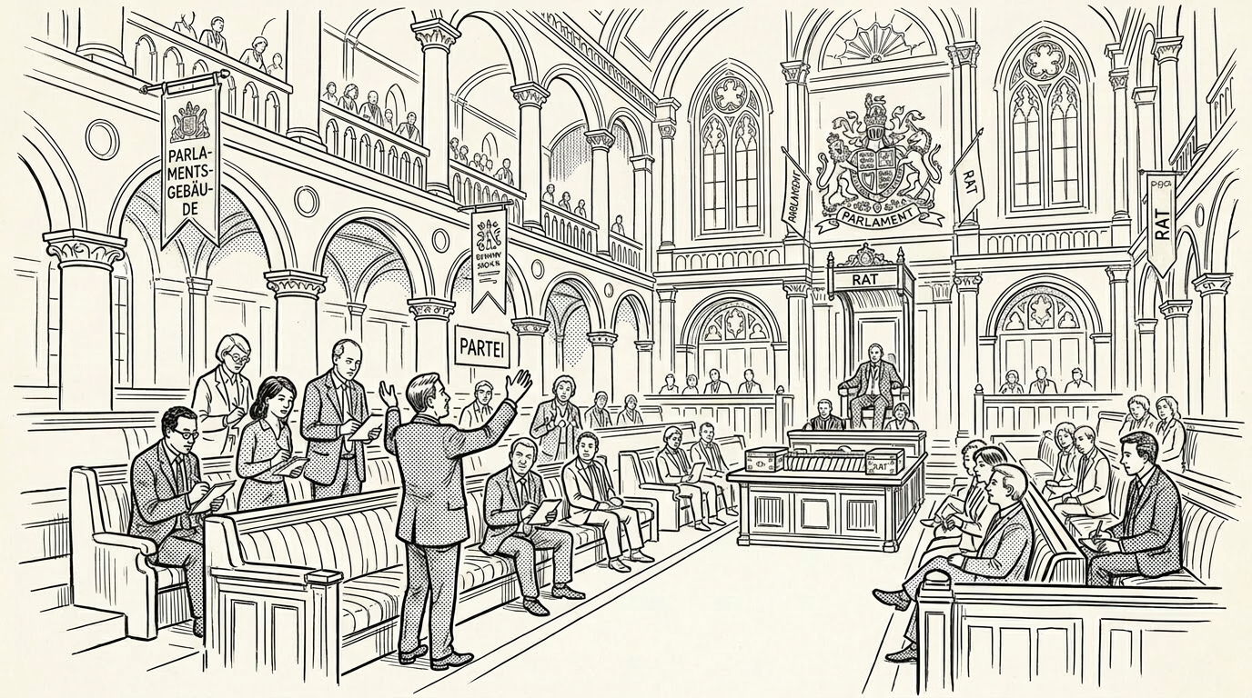 Legislative chamber with seated and standing politicians debating under banners and crest