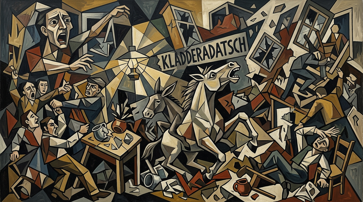 Cubist painting of a chaotic tavern brawl with horses and shouting figures