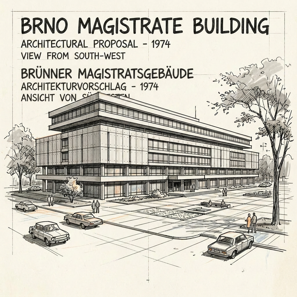 Architectural proposal sketch of Brno Magistrate Building viewed from south-west