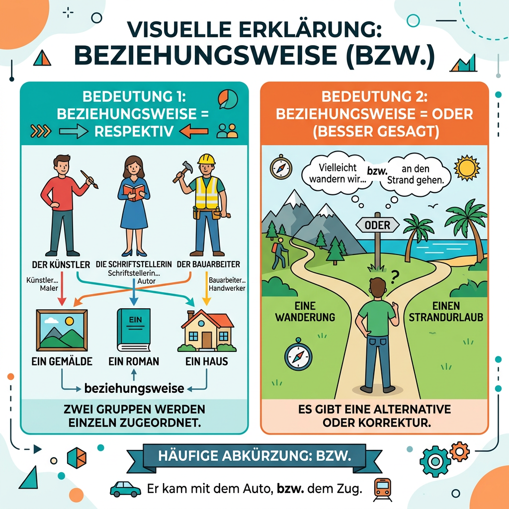 Diagram showing German word 'beziehungsweise' meanings as 'respectively' and 'or' with examples