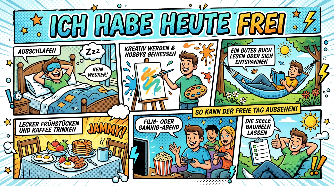 Comic panels illustrating relaxing free day activities like sleeping in, painting, reading in a hammock, enjoying breakfast, gaming, and relaxing outdoors.