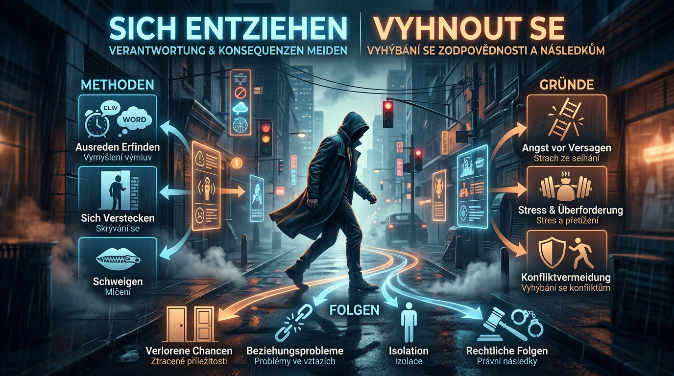 Infographic depicting methods, reasons, and consequences of avoiding responsibility in German and Czech with a person walking in a dark city street.