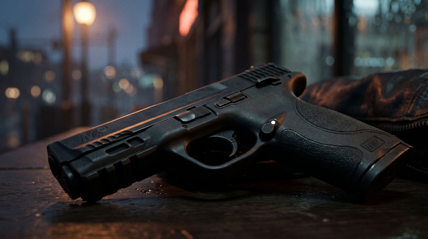 Smith & Wesson M&P handgun placed on a wooden table with urban lights in the background