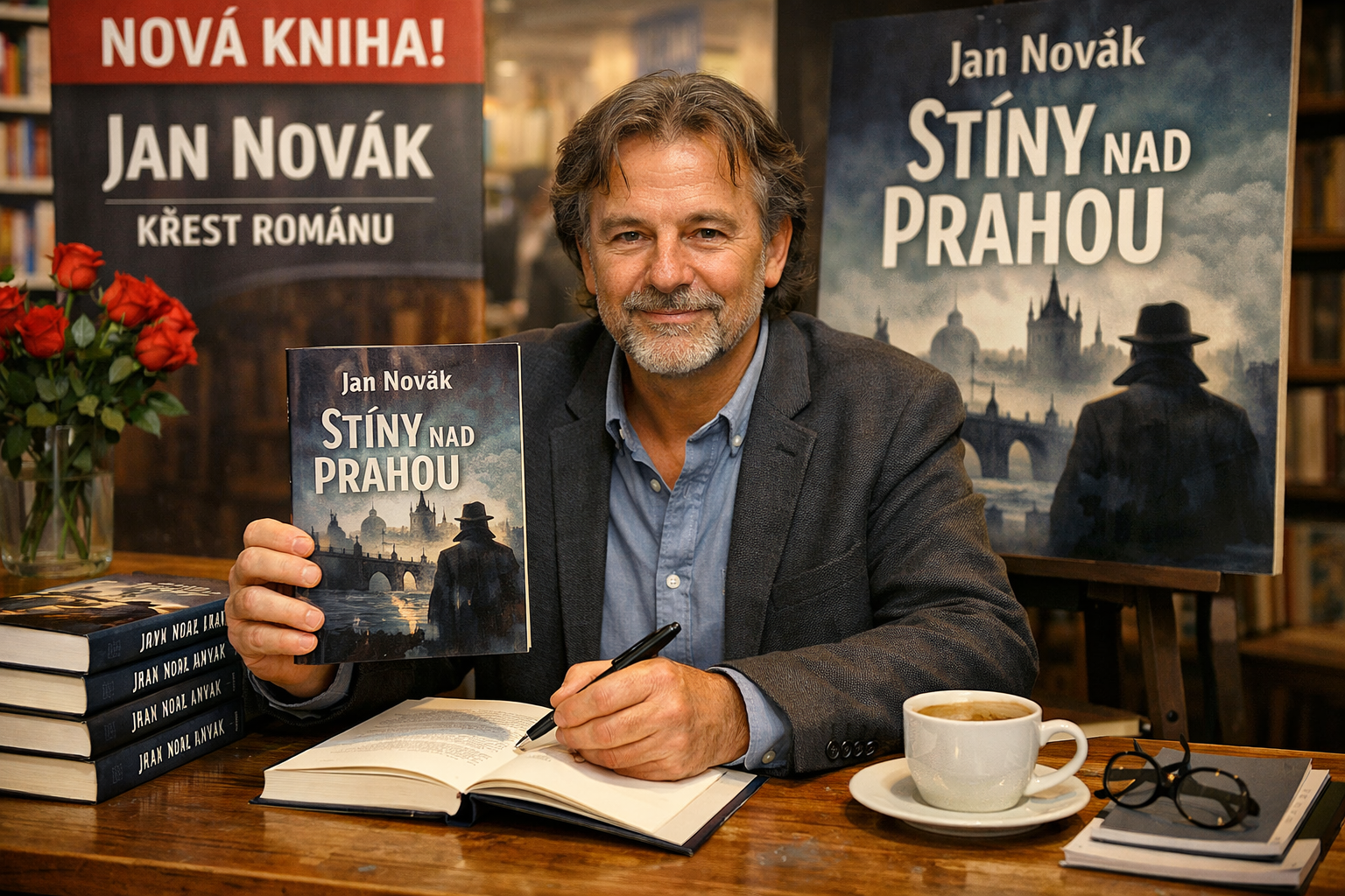 Author Jan Novák holding novel 'Stíny nad Prahou' while signing a book at a launch event