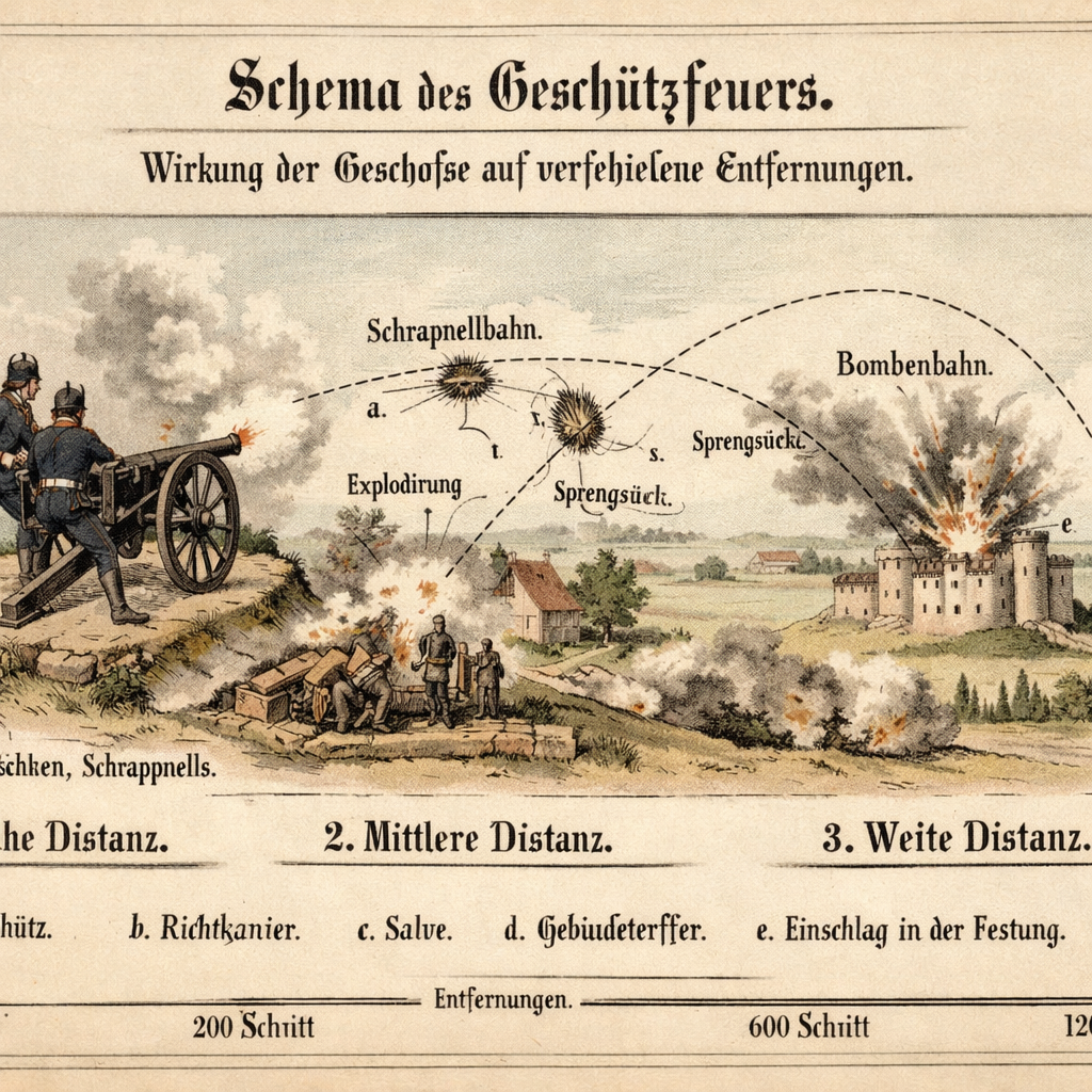 Diagram of artillery firing with trajectories and explosion effects at different distances