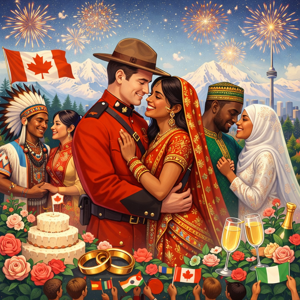 Multicultural wedding couples celebrating love in front of Canadian flag and cityscape
