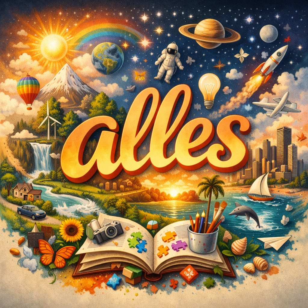Illustration with the word 'alles' surrounded by scenes of nature, space, and creative objects
