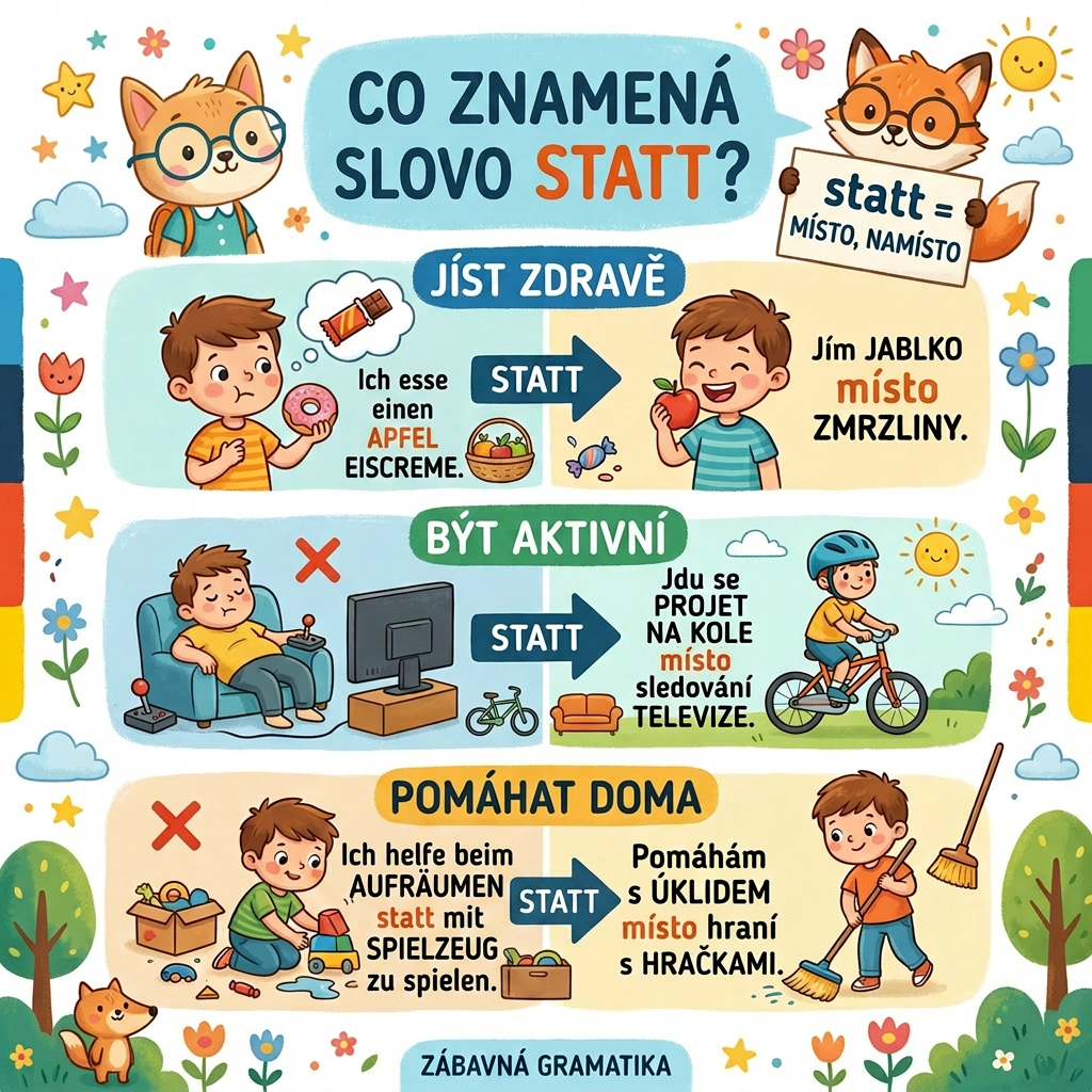 Illustrations explaining the meaning and use of the word 'statt' with examples