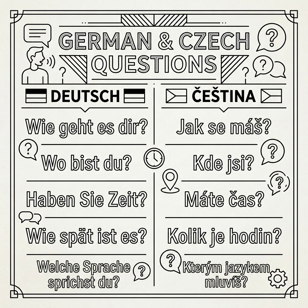 Common questions in German and Czech side by side with icons