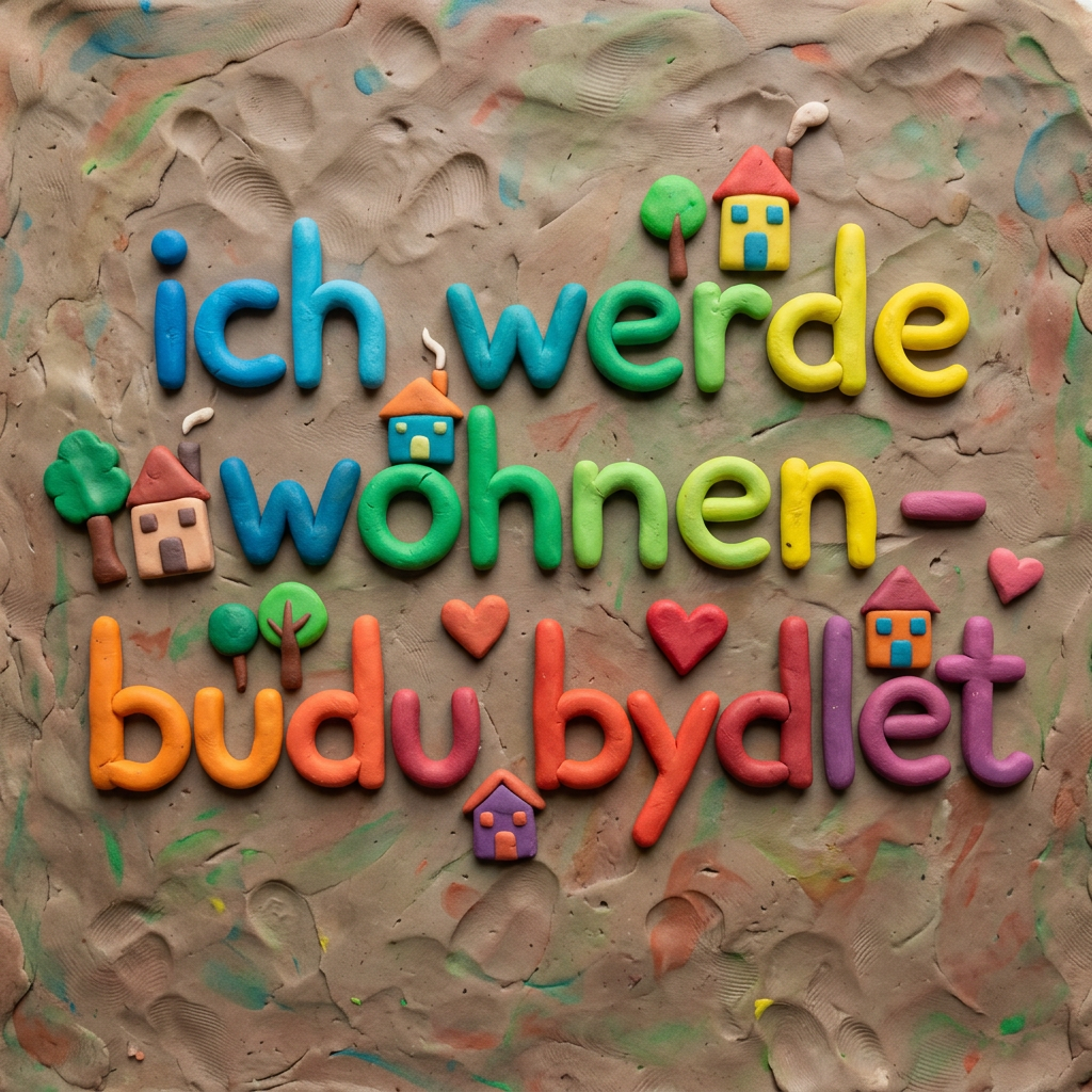 Colorful clay letters forming German and Czech phrases about living together with small houses and trees