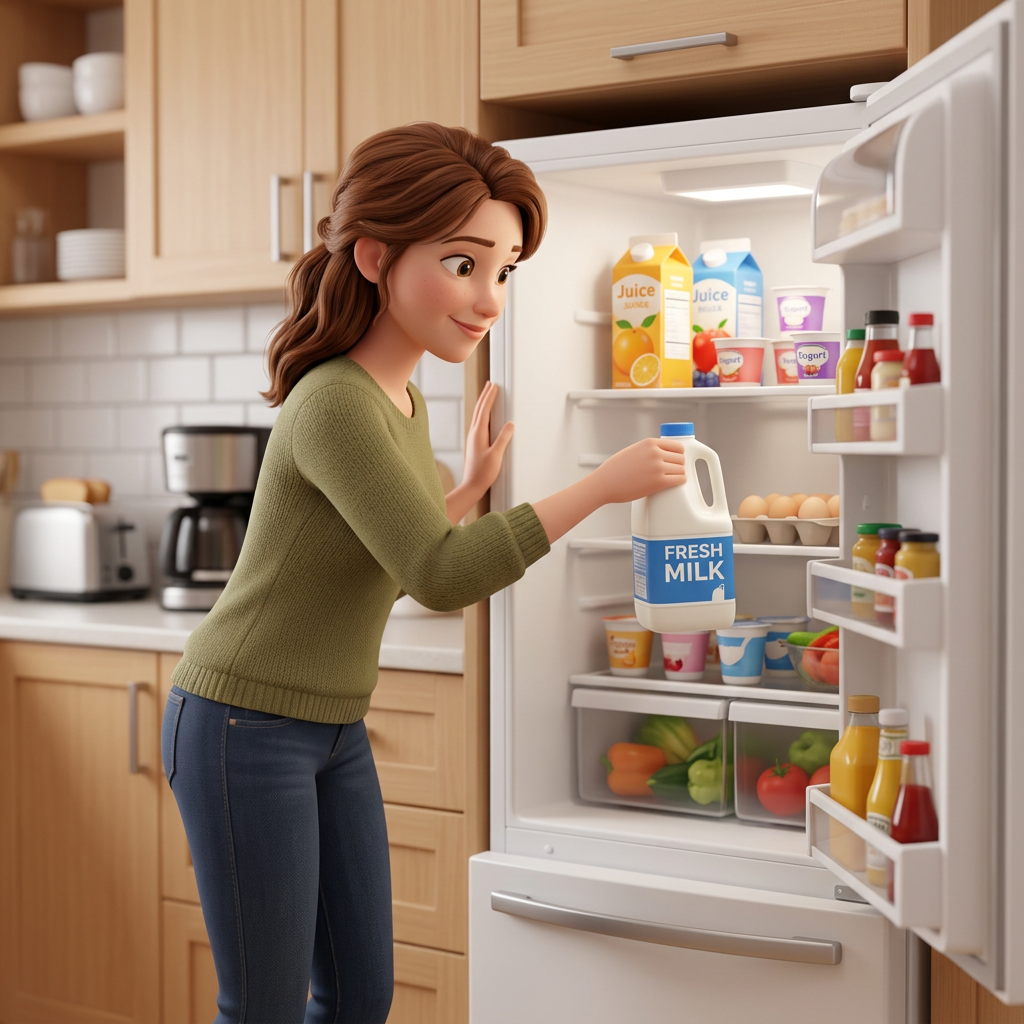 Woman holding a bottle of fresh milk inside an open refrigerator