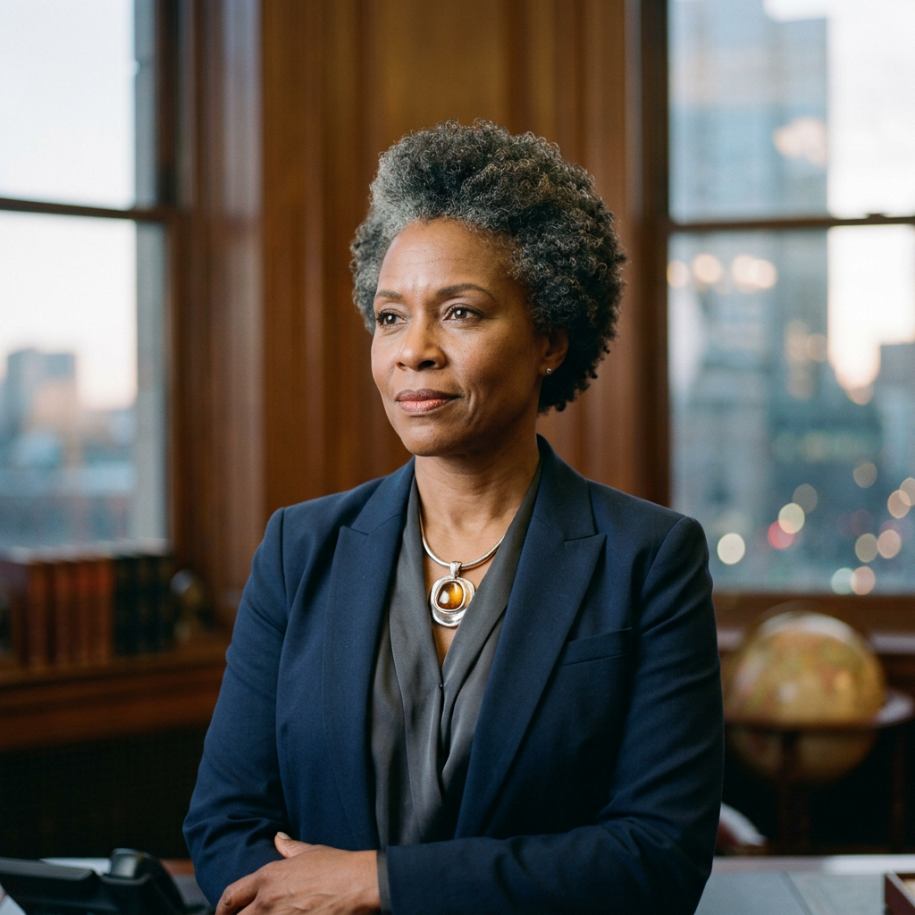 Professional woman with gray curly hair in blazer standing in an office with wooden paneling and windows showing a cityscape