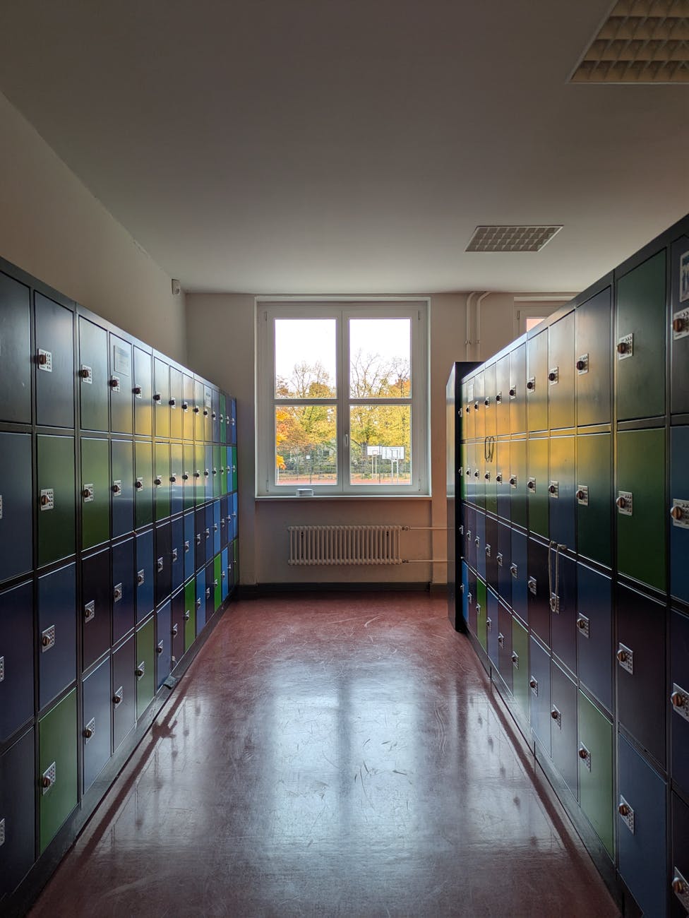colorful lockers in a sunny school hallway