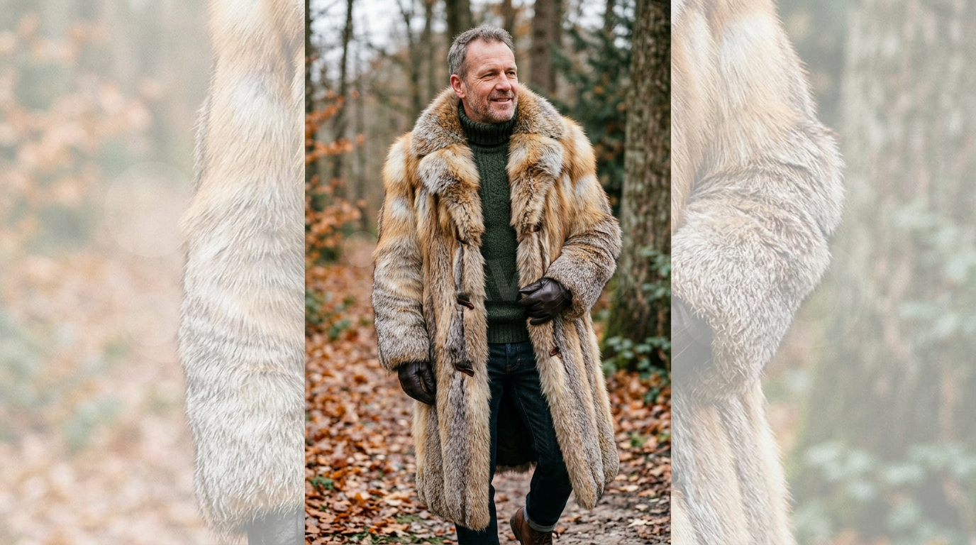 Man standing outdoors in a fur coat and dark gloves surrounded by autumn leaves and trees