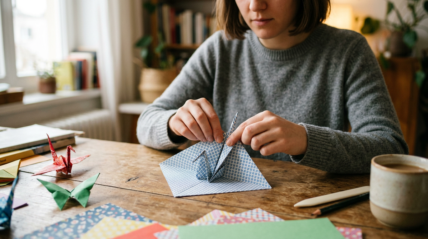Hands folding blue patterned paper into an origami crane on a wooden table with other origami figures and a coffee cup