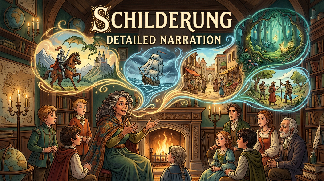 Elder storyteller narrating to children and adults with imagined scenes of knight, ship, village, forest, and travelers