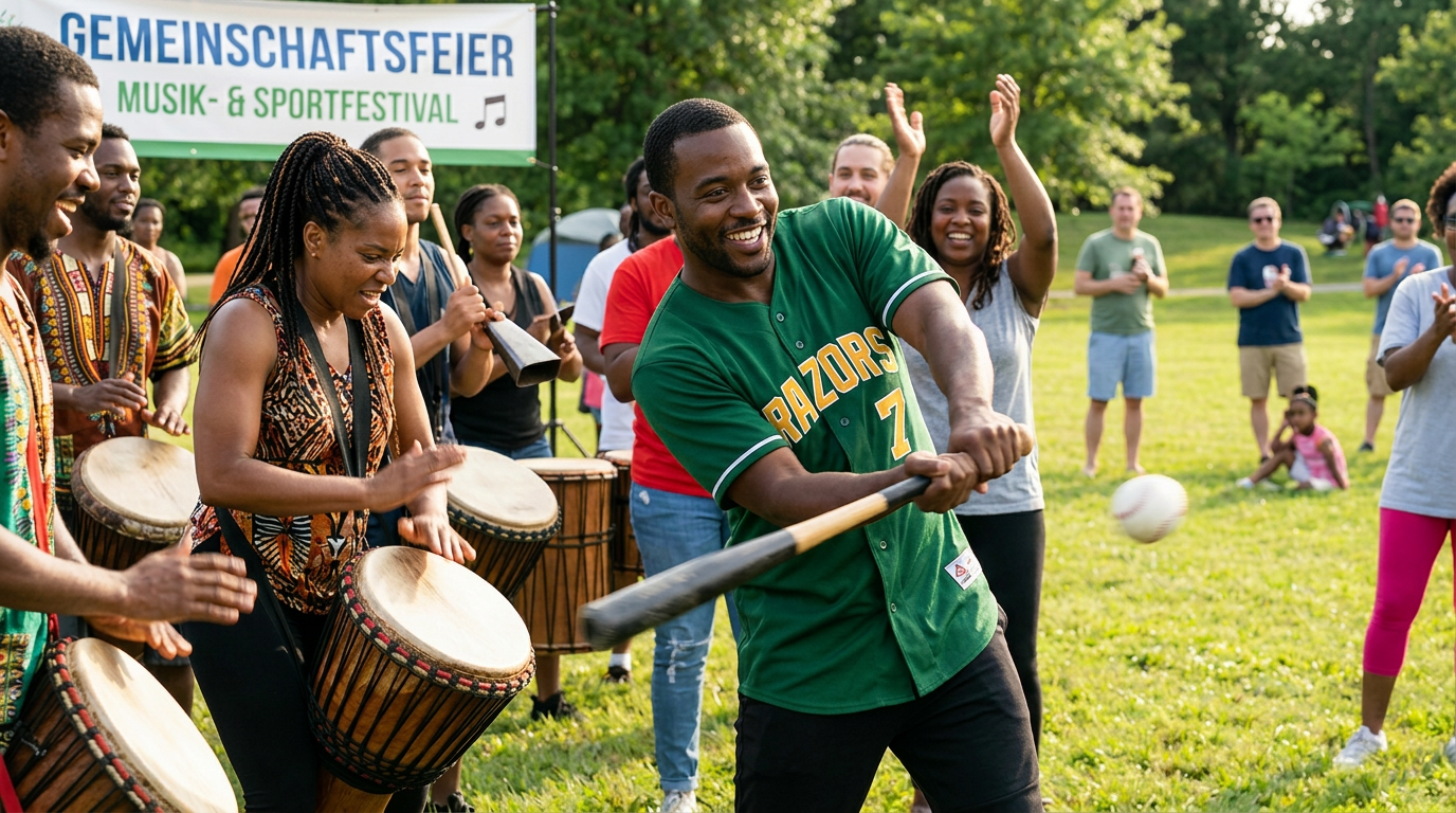Man swinging baseball bat hitting ball with people drumming and cheering outdoors