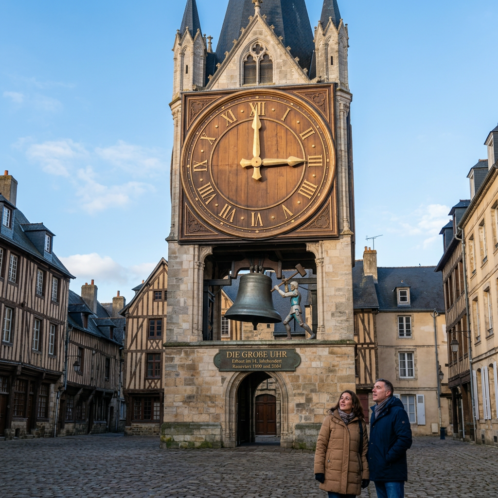 Large illuminated clock tower with Roman numerals and figures ringing a bell at night