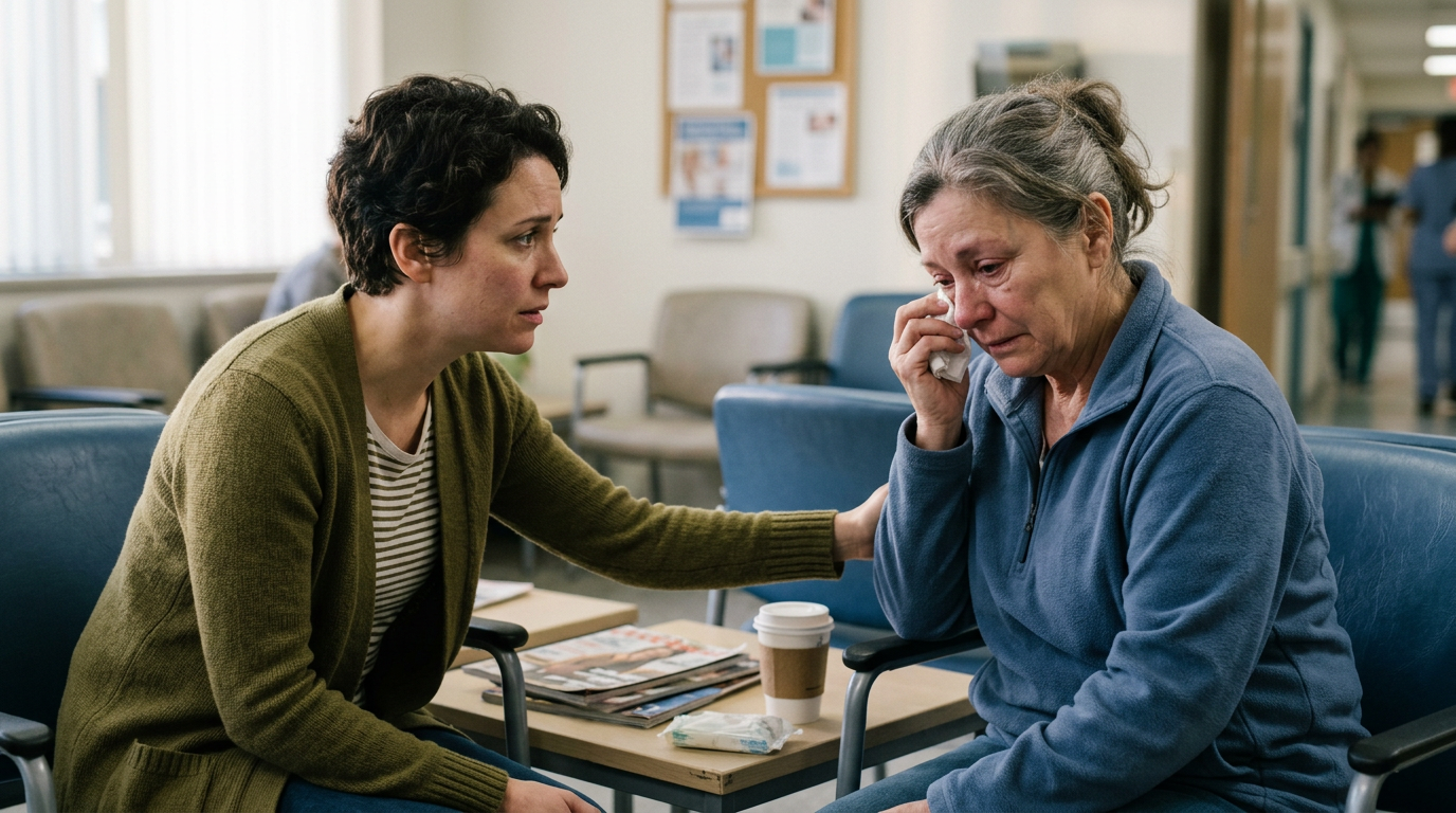 Younger woman consoling older woman crying in hospital waiting area