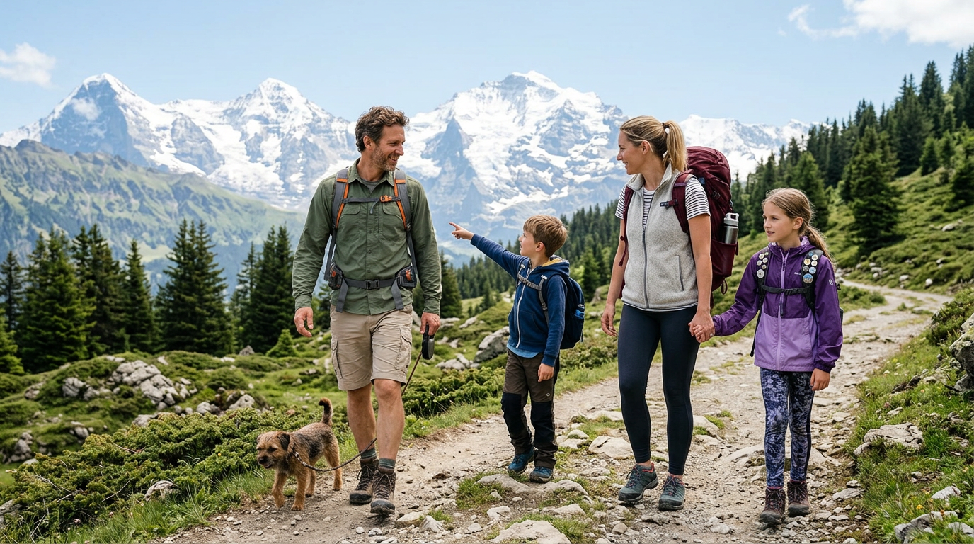 Family hiking on a mountain trail with dog and snow-capped peaks