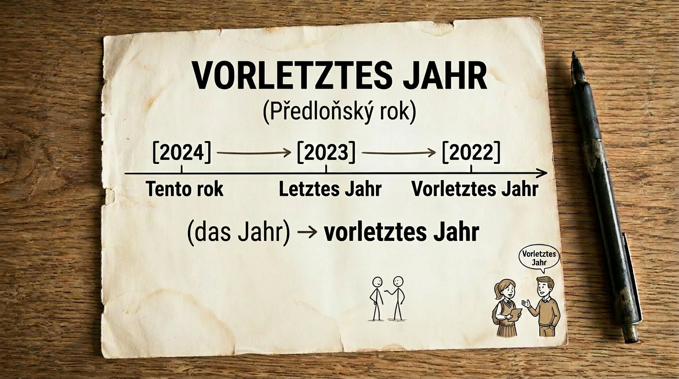 Aged paper with the handwritten German words 'Vorletzte Jahr' and a vintage pen on wooden table
