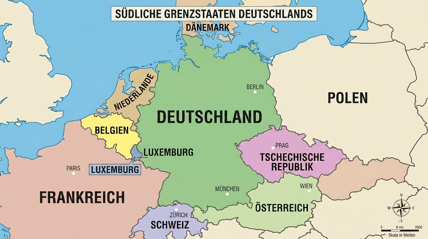 Map showing Germany and its southern bordering countries including France, Luxembourg, Switzerland, Austria, and the Czech Republic