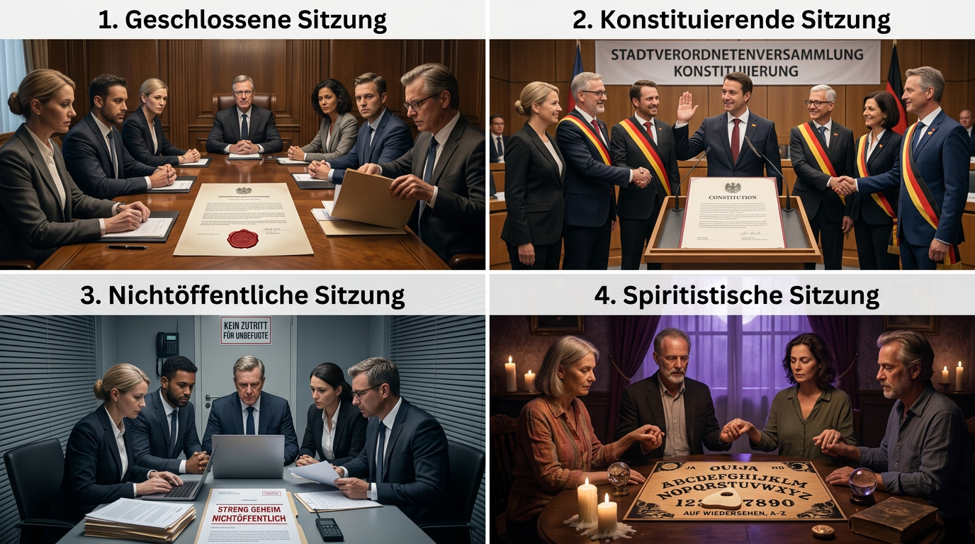 Four different types of business meetings including all-hands, team stand-up, board meeting, and client meeting.