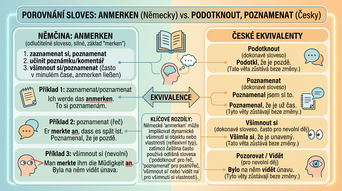 Chart comparing German verb anmerken with Czech equivalents podotknout, poznamenat, and their uses