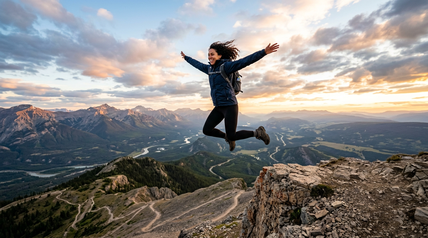 Woman jumping in mid-air on mountain summit at sunset